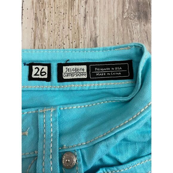 Miss Me Cuffed Skinny Jeans Teal Blue Rhinestones Women’s Sz 26 - Picture 3 of 9